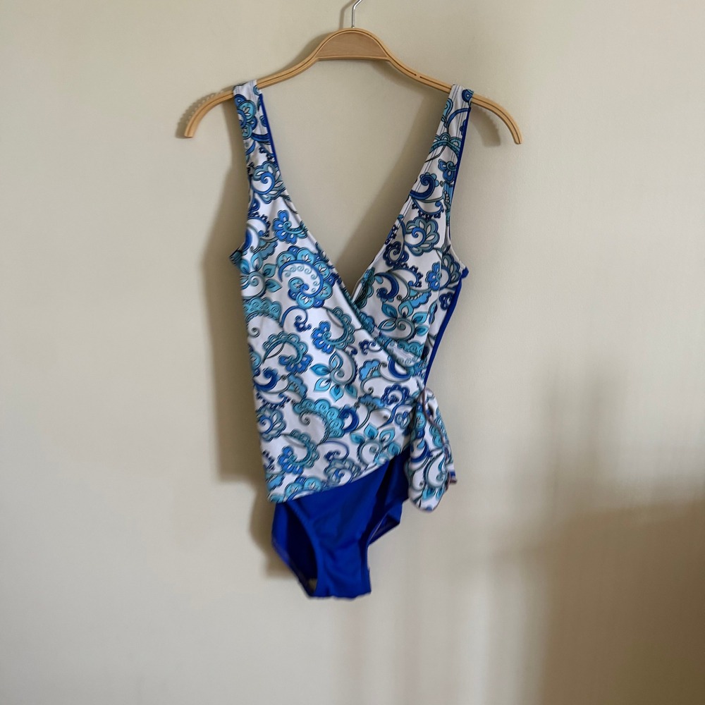 Gabar Blue Paisley Floral Faux Wrap One Piece Swimsuit Side Tie Ruffle V-Neck